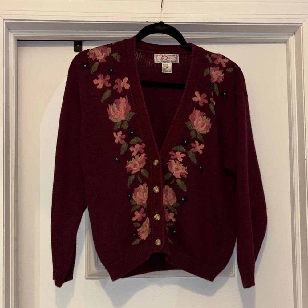 Vintage Lee David Cardigan with Pink Floral Embroidery - Medium